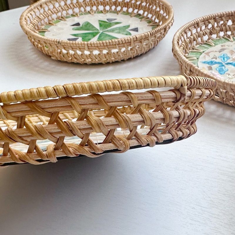 越南藤编贝壳托盘圆形点心果盘家用零食收纳篮馒头筐彩色水果盘,淘宝优惠券,粉丝福利购,淘宝优惠卷