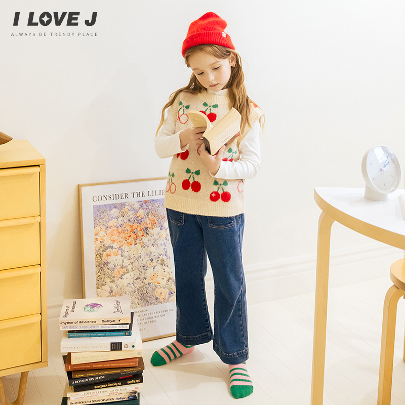 ILOVEJ童装2024冬季新款女童牛仔喇叭裤弹力深蓝色长裤子/JWWPT16