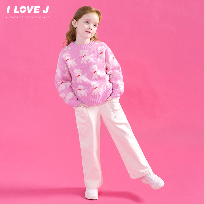 ILOVEJ童装2024冬装新款女童粉色针织衫毛衣小狗圆领上衣/JWWTO19
