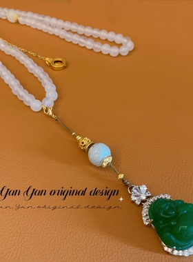新款新中式国风白玛珠流苏绿翡平安扣佛公吊坠项链洋气女