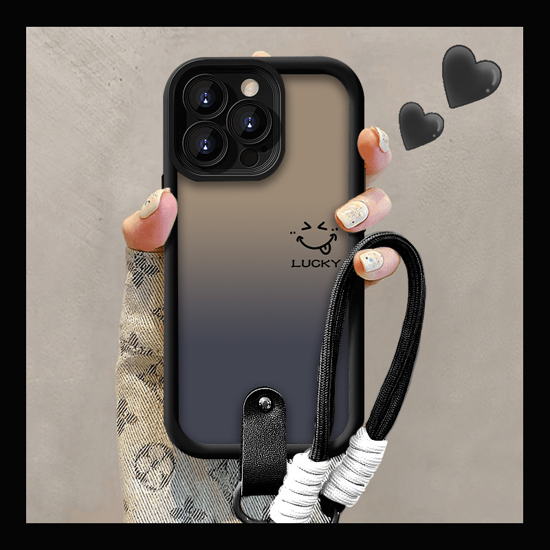 黑色渐变luck笑脸用苹果16promax手机壳华为mate60pro秋冬新款pura70高级OPPOReno12手链vivos19荣耀200/小米