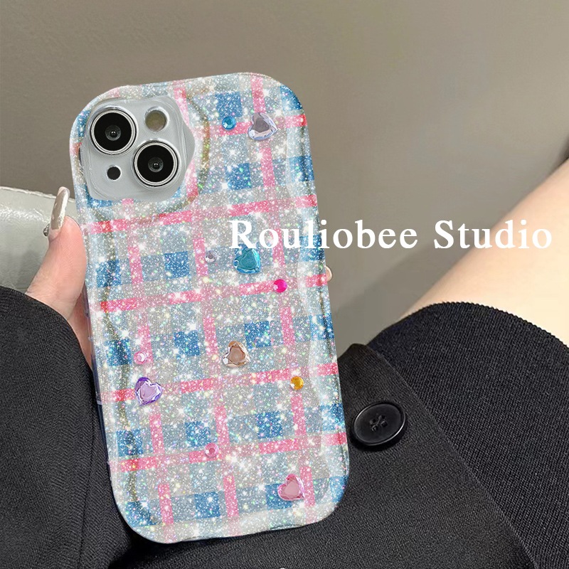 闪粉爱心彩钻格子适用苹果14promax手机壳iphone13新款13promax立体12女款14pro软硅胶11创意防摔xsmax手机套