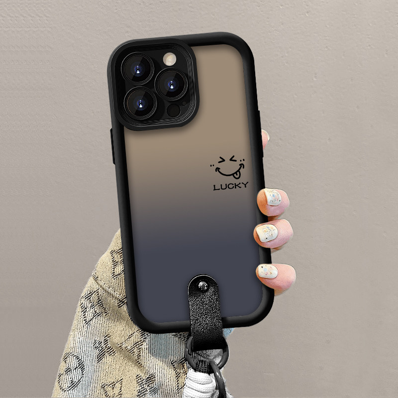 黑色渐变luck笑脸用苹果16promax手机壳华为mate60pro秋冬新款pura70高级OPPOReno12手链vivos19荣耀200/小米