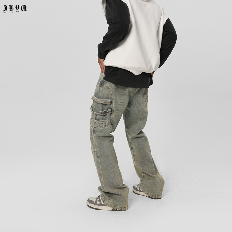 JHYQ工装系列  美式重磅工洗水牛仔裤男潮牌复古宽松直筒长裤 - 图0