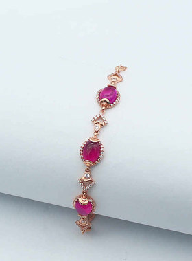 俄罗斯585紫金镶嵌红石时尚椭圆手链镀18K玫瑰金简约气质女款礼物