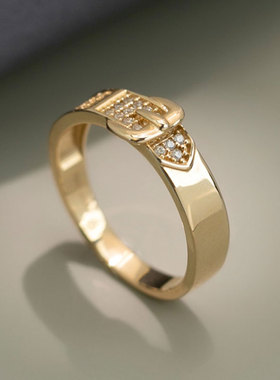 俄罗斯585紫金皮带扣宽戒指女款镀14K玫瑰金百搭慵懒风指环高级感