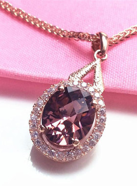 俄罗斯585紫金套装烟紫色镀14k玫瑰金韩版百搭椭圆项链女款高级感