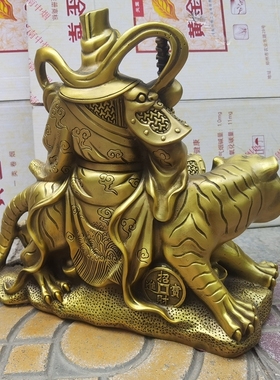 纯铜骑虎财神赵公明铜像聚宝盆武财神镇宅招财摆件