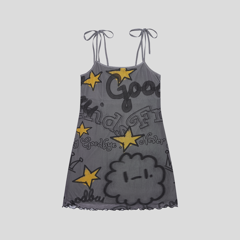 GOODBAI GOODEES图案印花网纱吊带连衣裙,淘宝优惠券,粉丝福利购,淘宝优惠卷