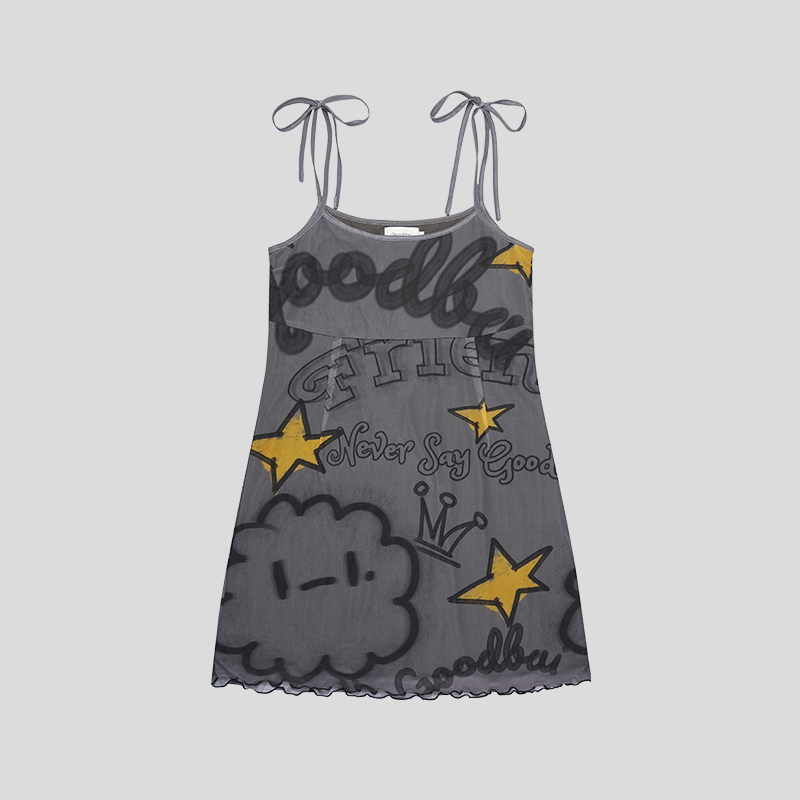 GOODBAI GOODEES图案印花网纱吊带连衣裙,淘宝优惠券,粉丝福利购,淘宝优惠卷