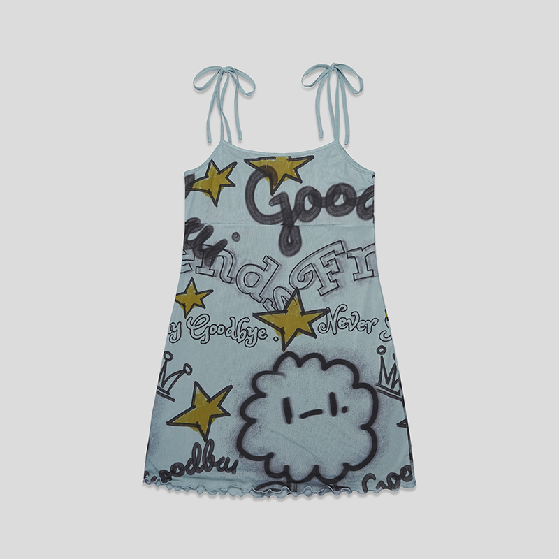 GOODBAI GOODEES图案印花网纱吊带连衣裙,淘宝优惠券,粉丝福利购,淘宝优惠卷