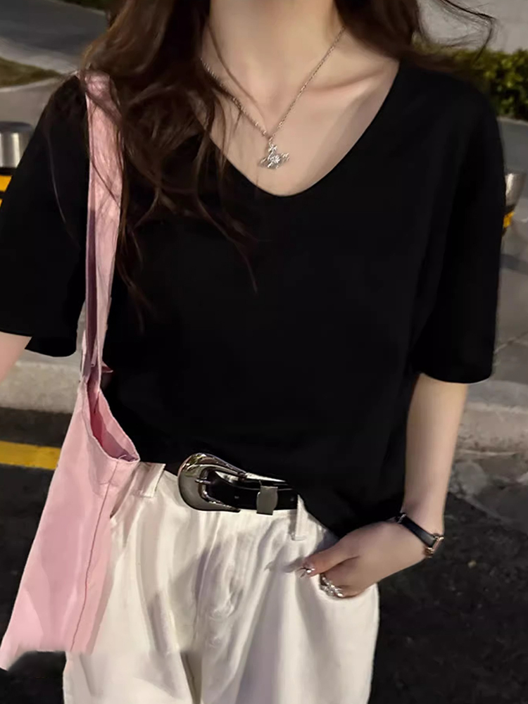 纯色t恤女2025新款v领白色短袖夏季正肩宽松遮肉露锁骨小个子上衣-图1