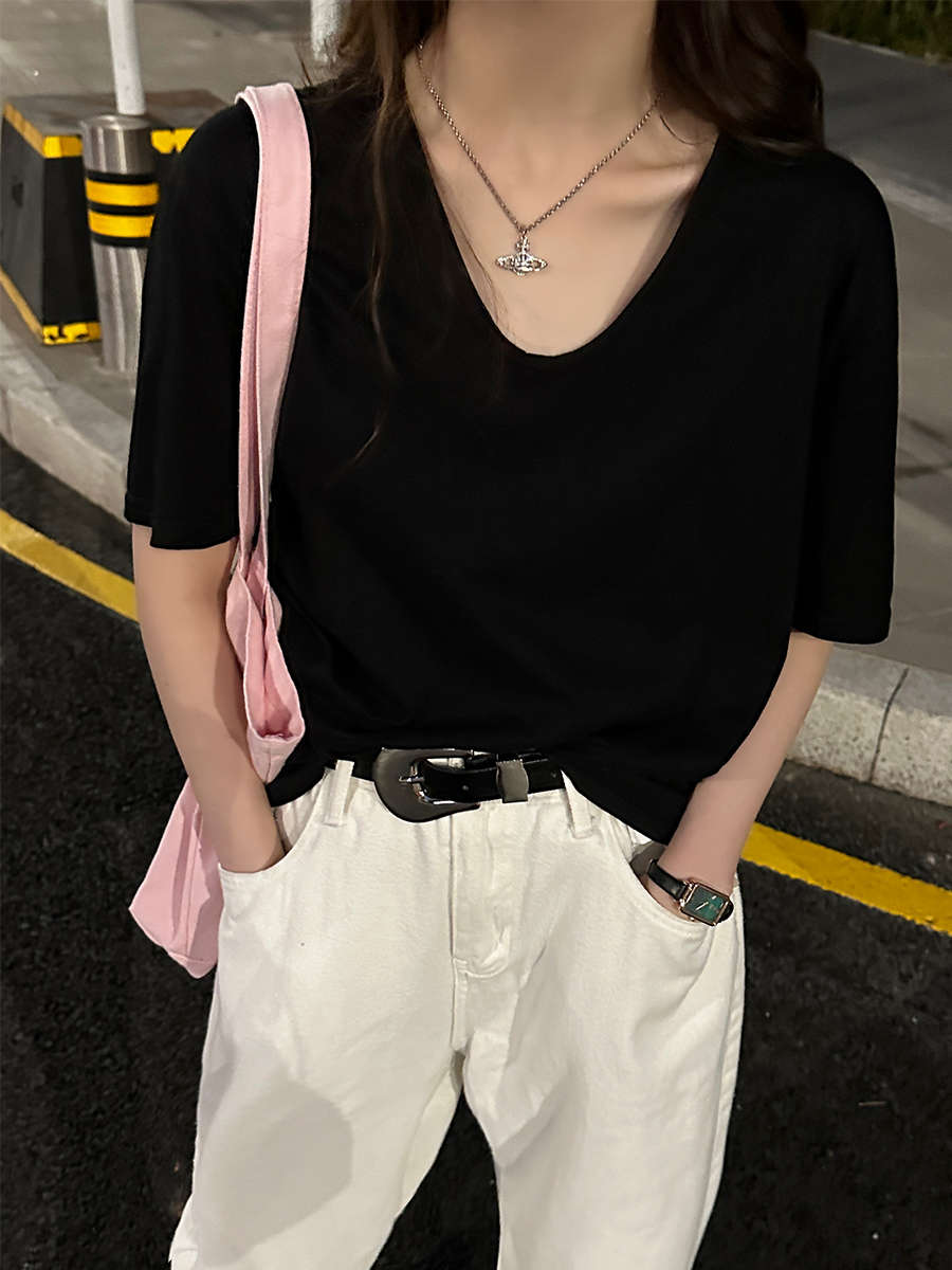 纯色t恤女2025新款v领白色短袖夏季正肩宽松遮肉露锁骨小个子上衣-图0