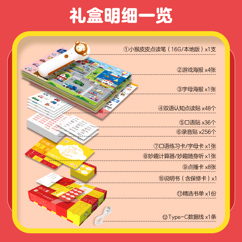 PIYOPEN小猴皮皮点读笔16G内存礼盒装幼儿早教点读机通用启蒙英语学习神器益智玩具儿童生日礼物 - 图0