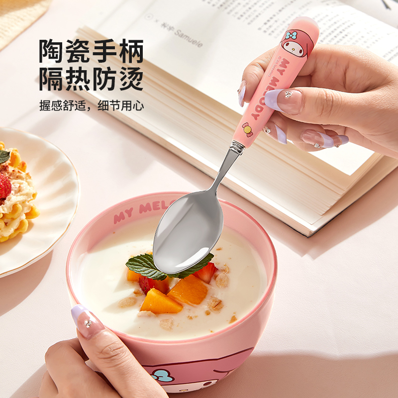 三丽鸥不锈钢勺子叉子家用汤匙吃饭喝汤可爱甜品西餐刀叉餐具套装 - 图0