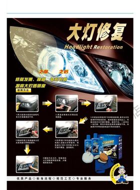 车辆维修美容店广告宣传墙贴背胶海报汽车大灯修复效果对比图写真