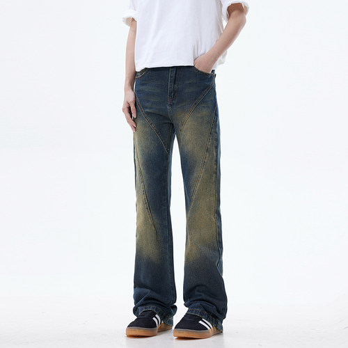 ZLAYCO美式高街复古设计感水洗做旧男女微喇直筒显瘦牛仔裤长裤 - 图1
