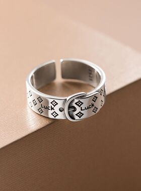 新品欧美复古luck字母小花朵皮带扣戒指时尚个性设计感泰银指环戒