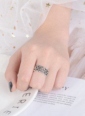 新品饰品复古创意开口宽面铜钱纹个性简约古银戒指男女食指戒指环