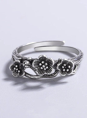 新款韩版复古做旧梅花戒指女简约气质泰银指环ins潮流时尚手饰品