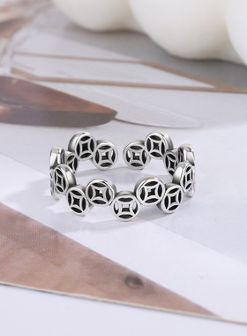 新品复古泰银不规则铜钱戒指时尚个性做旧几何型新潮感指环戒指戒