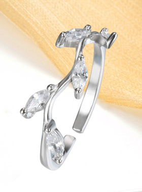 时尚个性镶钻树叶开口戒指女士简约文艺橄榄树锆石叶子指环手饰品