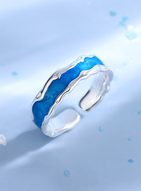 新品原创设计珐琅效果民族风滴蓝胶新中式肌理戒指不规则开口戒