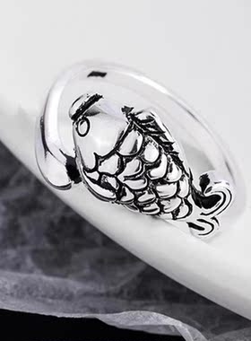 做旧泰银小鱼戒指女士年年有鱼复古森系个性指环韩版饰品开口戒指