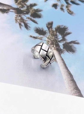 韩版复古泰銀戒指时尚潮塔光面几何形状戒指开口做旧菱形指环饰品