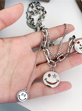 双层字母微笑吊坠项链时尚个性复古镂空笑脸锁骨链女潮流欧美饰品