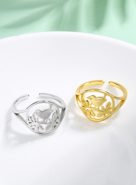 新品跨境热销时尚简约镂空枝头小鸟戒指小众设计个性开口指环女