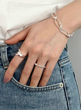 新款简约小众几何型光面不对称线条戒指冷淡风气质开口食指戒女戒