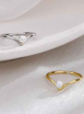 新款韩版V字珍珠戒指简约气质冷淡风小清新指环时尚饰品一件代发
