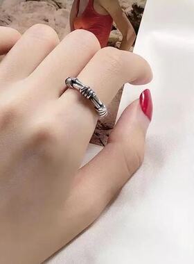 新款欧美弹簧戒指女士绳结缠绕复古个性嘻哈可调大小泰银指环饰品