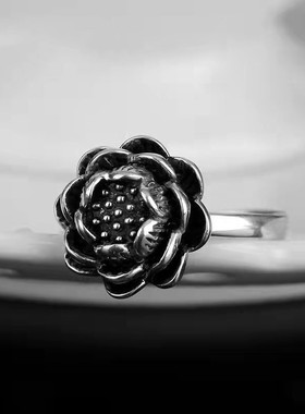 01979复古泰银莲花荷花戒指时尚个性潮流设计感创意可调节食指环