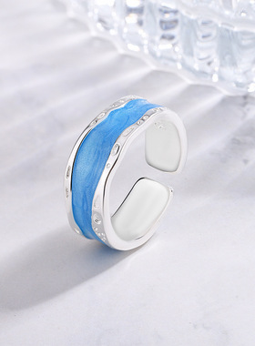新款日韩新款不规则宽面蓝色滴胶戒指INS风潮牌个性开口食指戒女