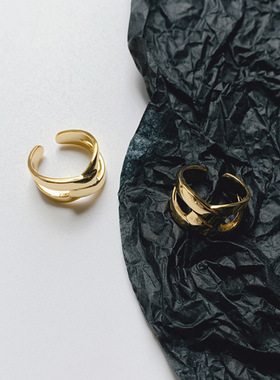 韩版镀金色宽面开口打结戒指女生交叉冷淡风指环百搭个性饰品介子