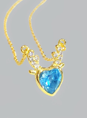 蓝色爱心鹿角项链女锁骨链日韩版气质镶钻一路有你吊坠项链送闺蜜
