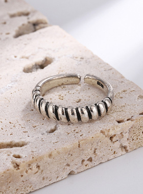 韩版欧美泰银复古戒指女简约气质时尚冷淡风斜纹麻花戒指开口饰品