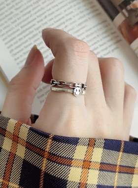 潮人复古双层锁链戒指女韩版个性做旧泰银笑脸开口戒指首饰品