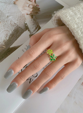 新品复古时尚重工气质优雅珐琅绿色花朵戒指女开口指环食指戒潮