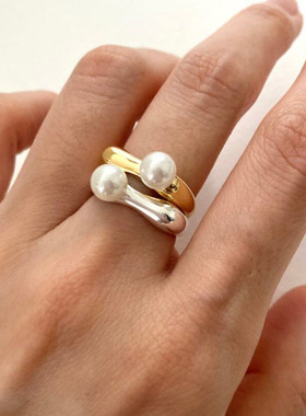 新品法式珍珠光面戒指女士气质森系时尚感文艺开口指环戒指戒指、