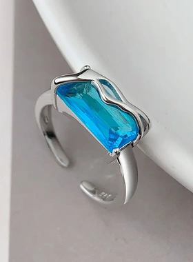 2025新款欧美方形锆石波浪戒指时尚个性冷淡几何不规则开口指环