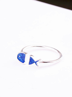 韩版时尚小清新戒指女简约森系个性滴胶蓝色小鱼戒指开口指环饰品