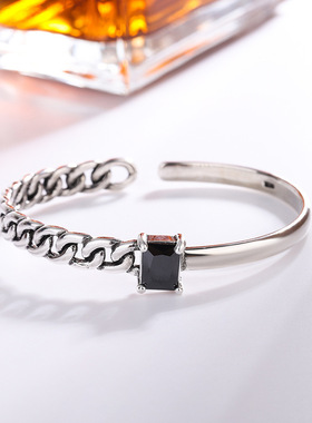 新品韩版东大门黑玛瑙链条手镯女时尚气质镶钻不规则锁链开口手环