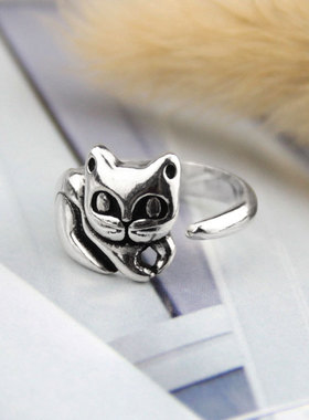 新款欧美跨境小猫咪复古戒指泰银慵懒可爱猫咪动物个性开口指环