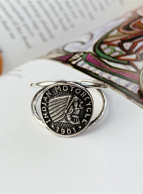 新款韩国韩版印第安人泰银戒指女复古做旧浮雕硬币头像开口指环戒