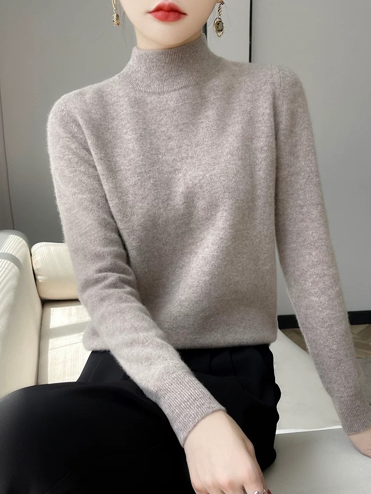 可贴身双层半高领羊毛衫女100 纯羊毛内搭纯色羊绒针织毛衣打底衫 - 图0