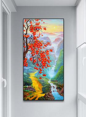 网红事事如柿子喜鹊简意约山水风景日出手绘玄关油画丰走收廊装饰