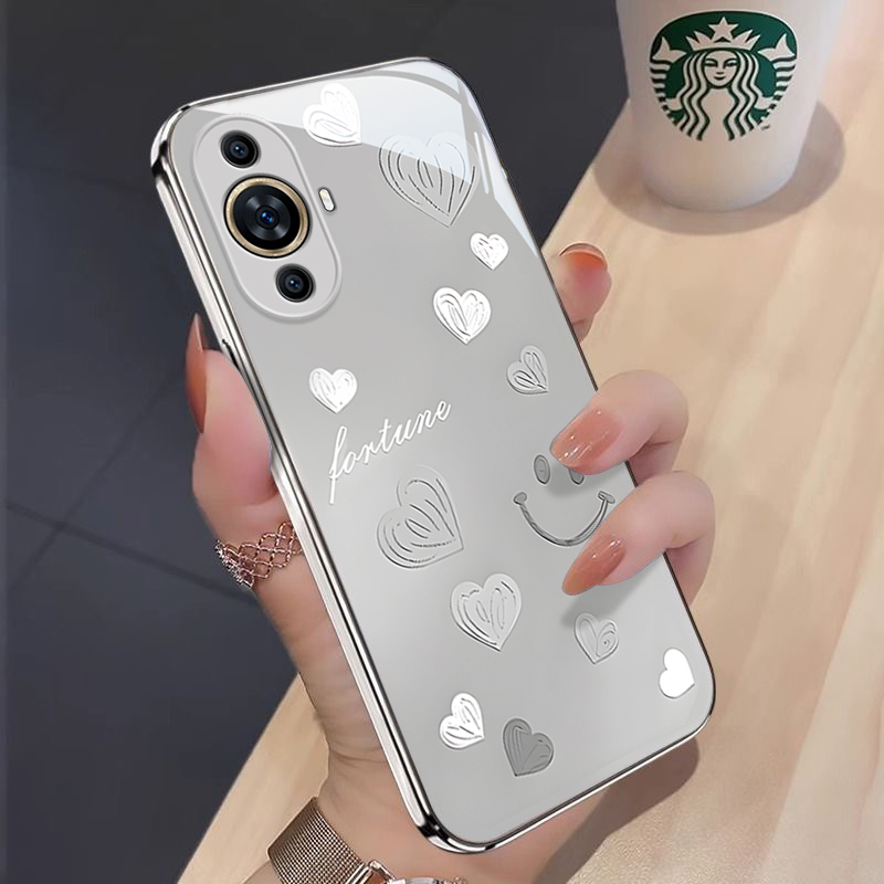 适用华为Nova12活力版网红手机壳潮流简约ins风渐变爱心FIN-AL60金属漆玻璃保护套全包边防摔壳 - 图2